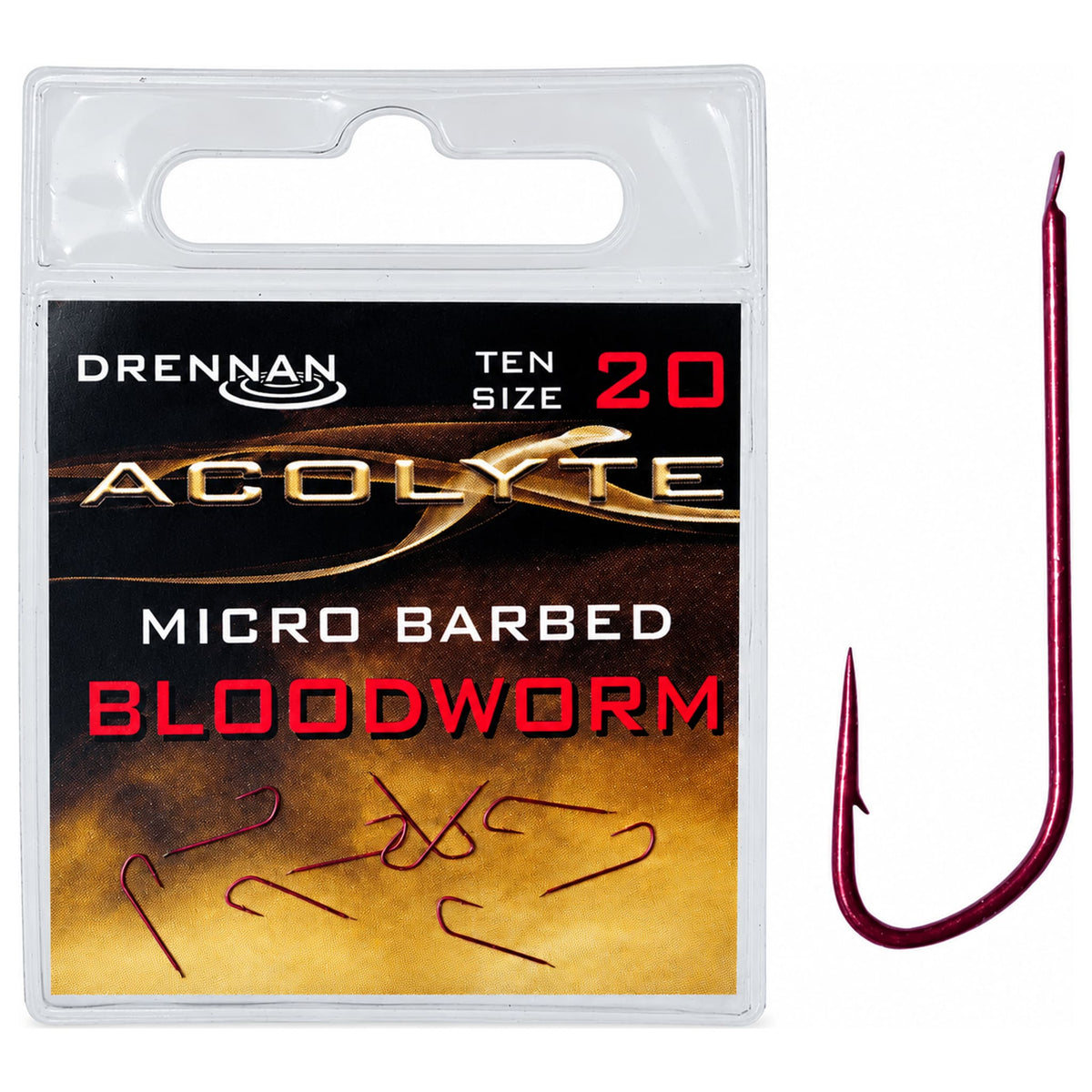 Drennan Acolyte Bloodworm Micro Barbed maat 20, verpakking met uitvergrote rode haak