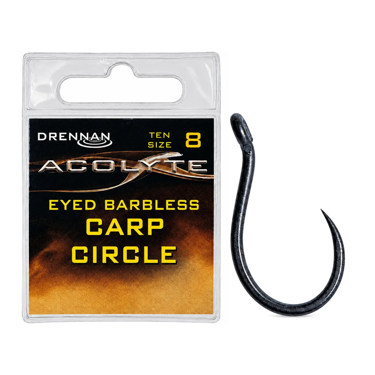 Drennan Acolyte Carp Circle Eyed Barbless – haak maat 8, verpakking en losse haak