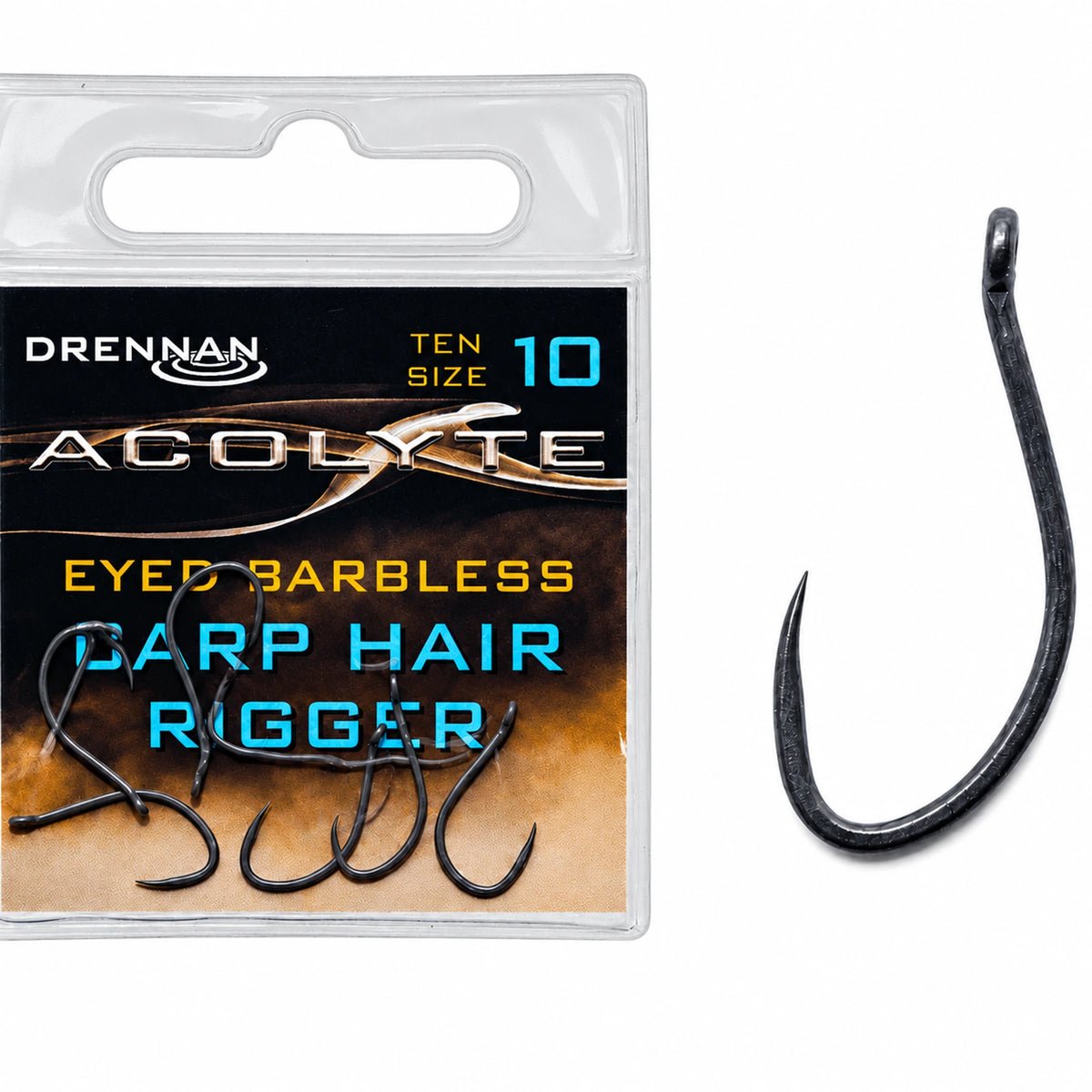 Drennan Acolyte Carp Hair Rigger maat 10 verpakking naast vergrote zwarte haak met oog en zonder weerhaak