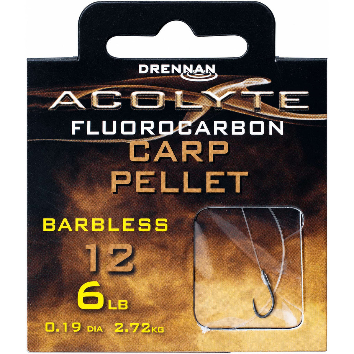 Drennan Acolyte Carp Pellet Barbless – verpakking met maat 12, 6 LB en 0.19-opdruk, met haak en lijn achter het venster.