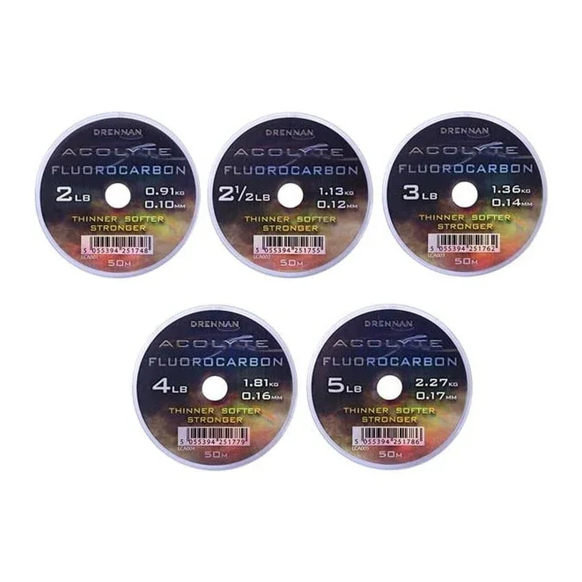 Drennan Acolyte Fluorocarbon overzicht van meerdere diameters