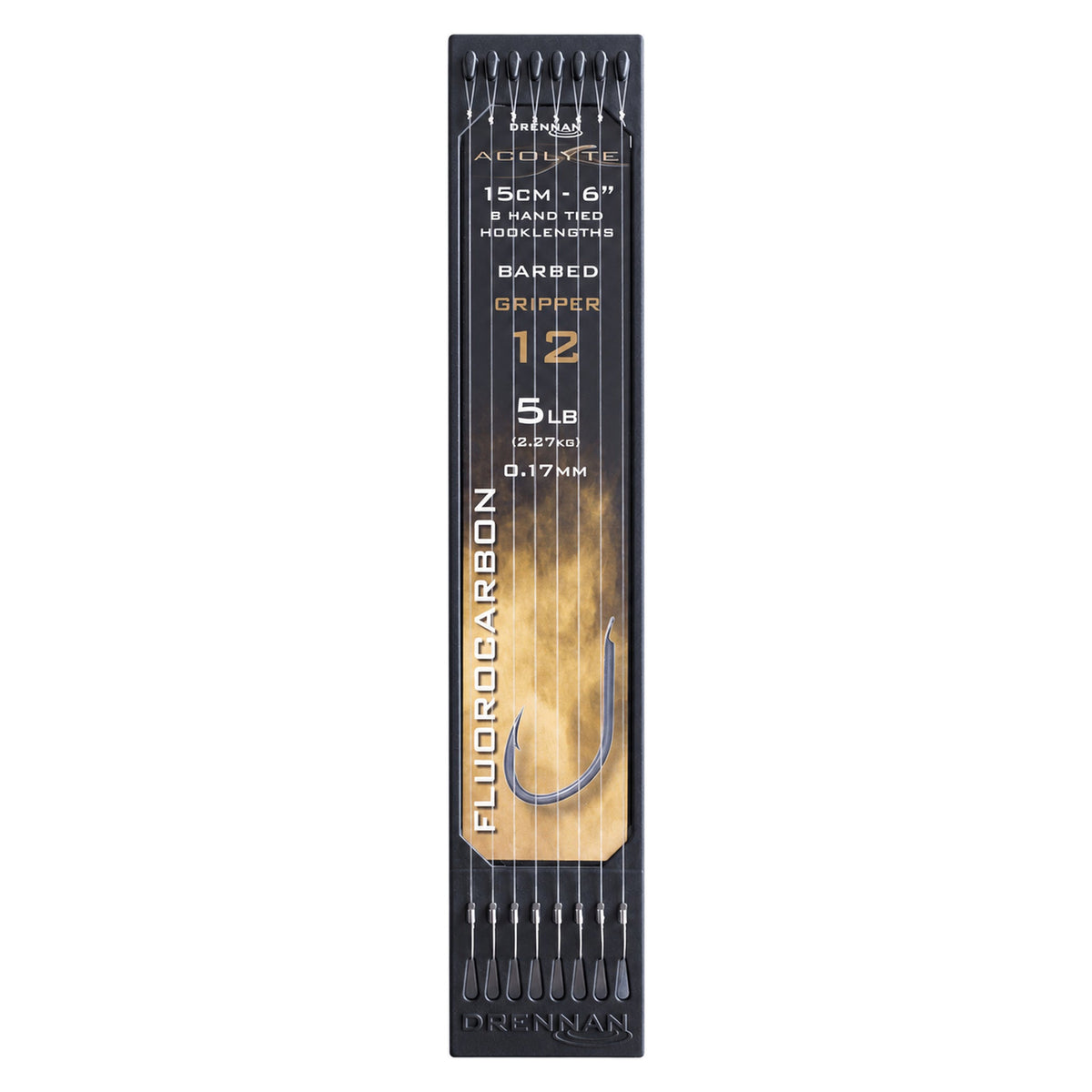 Drennan Acolyte Gripper Barbed Hook Plate met acht onderlijnen, haak 12, 0,17 mm en 5 lb