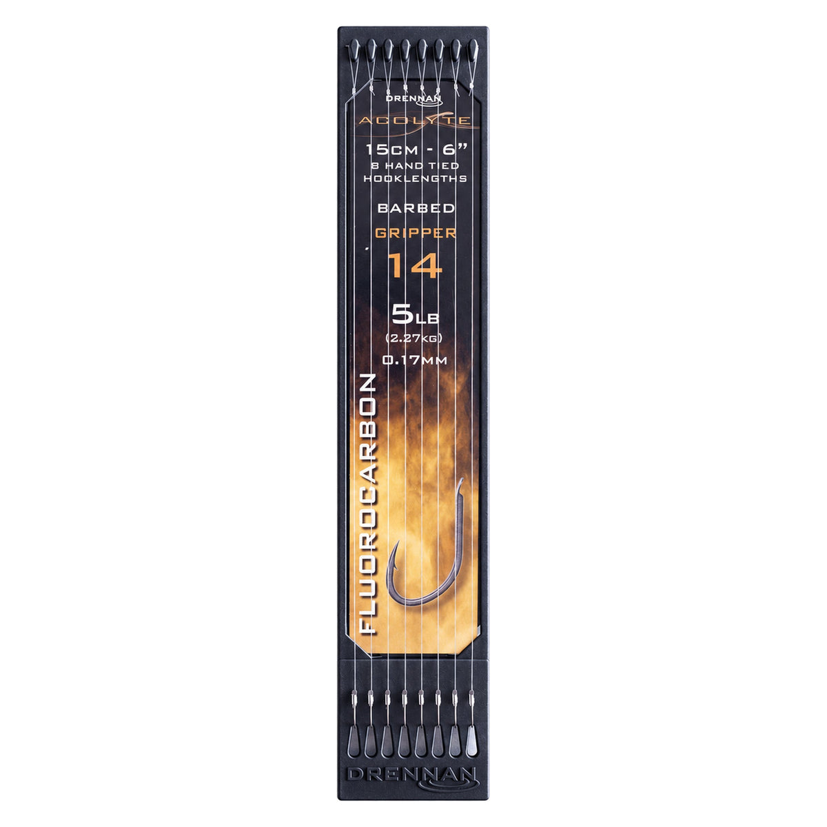 Drennan Acolyte Gripper Barbed Hook Plate met acht onderlijnen, haak 14, 0,17 mm en 5 lb