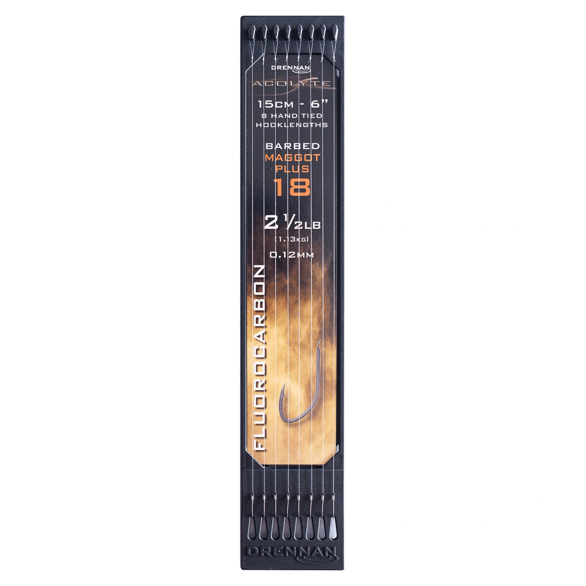 Drennan Acolyte Maggot Plus Barbed 15 cm onderlijnen op hook plate, haak 18, 0.12 mm en 2½ LB