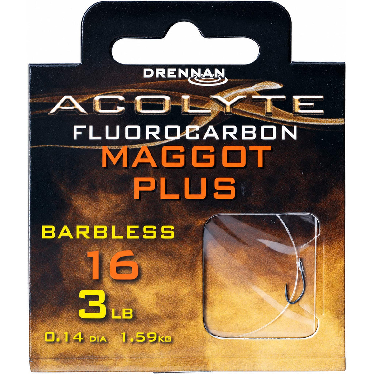 Drennan Acolyte Maggot Plus Barbless – verpakking met maat 16, 3 LB en 0.14-opdruk, met haak en lijn achter het venster.