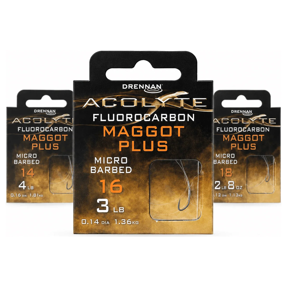 Drennan Acolyte Maggot Plus Micro Barbed – verpakkingen 30 cm fluorocarbon onderlijnen met haakmaten 14, 16 en 18