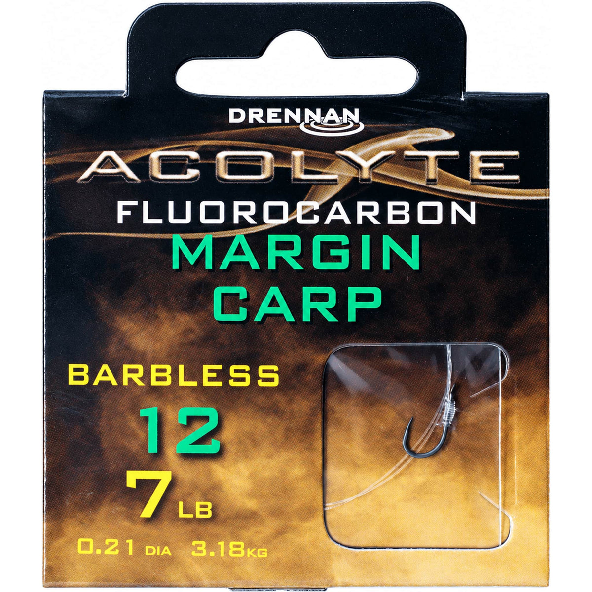 Drennan Acolyte Margin Carp Barbless – verpakking met maat 12, 7 LB en 0.21-opdruk, met haak en lijn achter het venster.