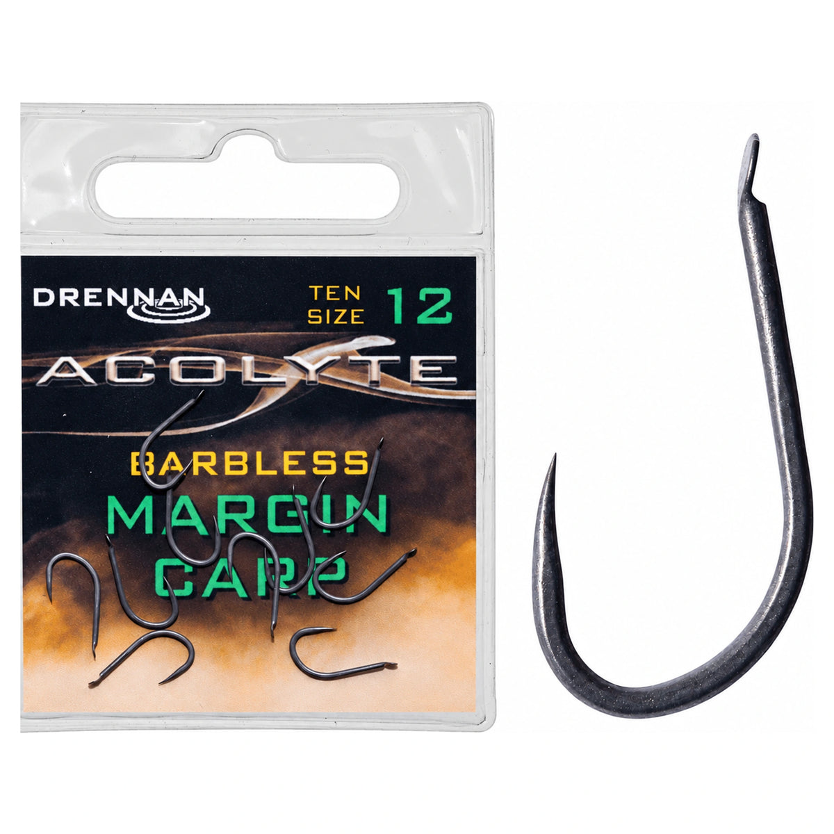 Drennan Acolyte Margin Carp maat 12 verpakking met groene opdruk naast vergrote zwarte haak met bled