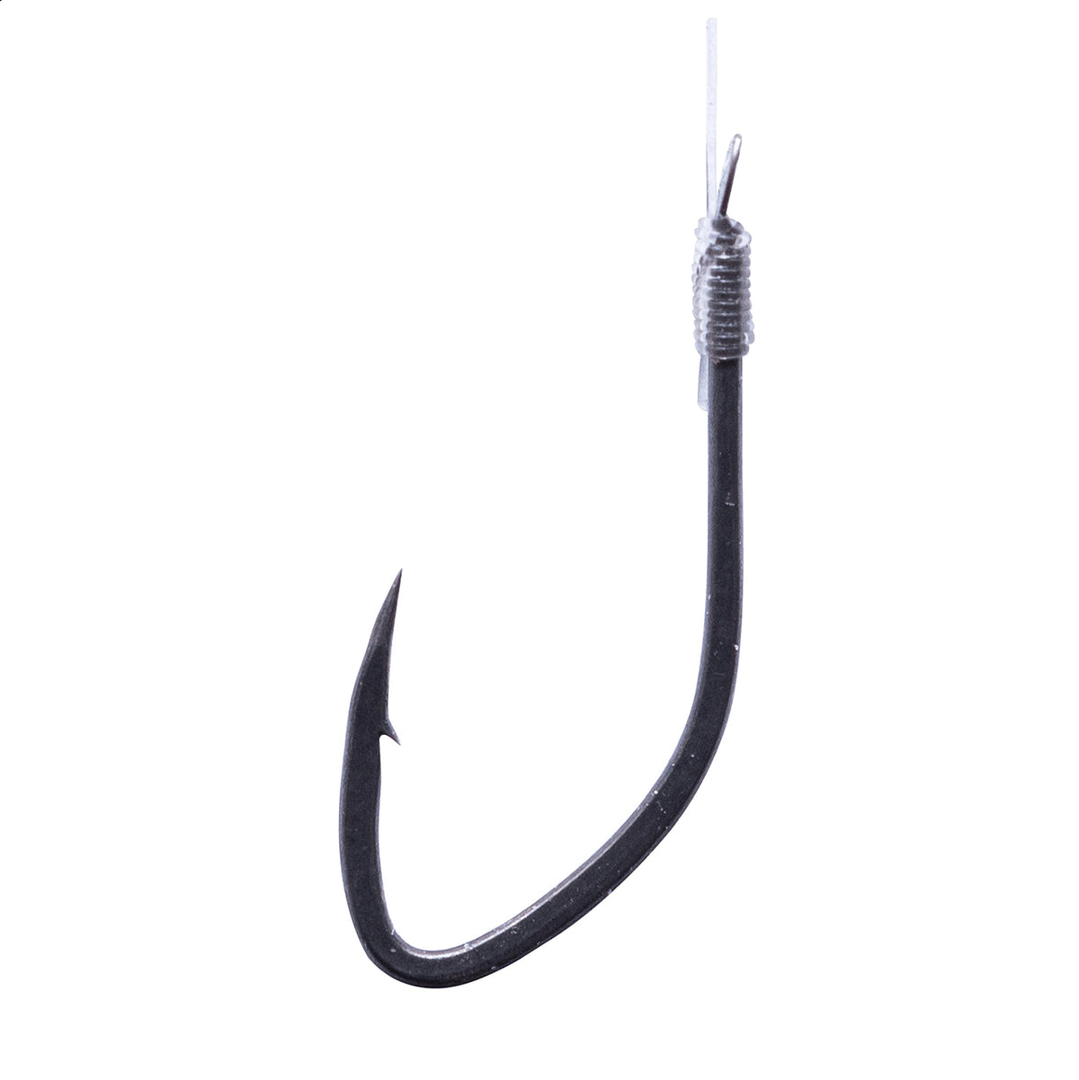 Drennan Acolyte Silverfish Barbed – detail van de haak met micro-weerhaak en fluorocarbonknoop