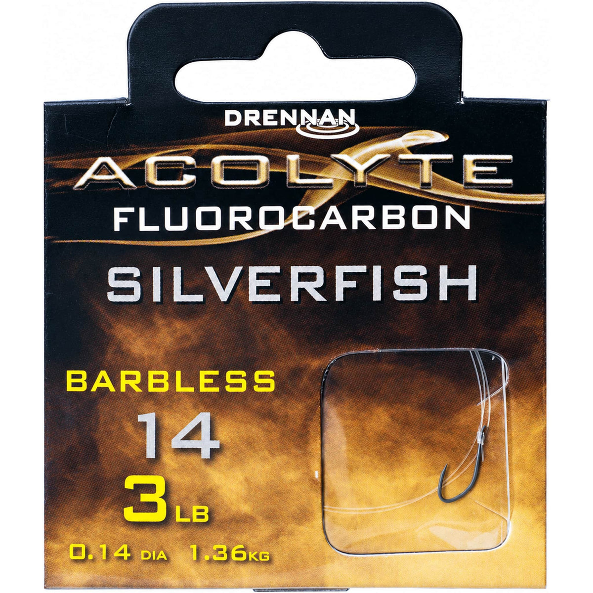 Drennan Acolyte Silverfish Barbless – verpakking met maat 14, 3 LB en 0.14-opdruk, met haak en lijn zichtbaar achter het venster.