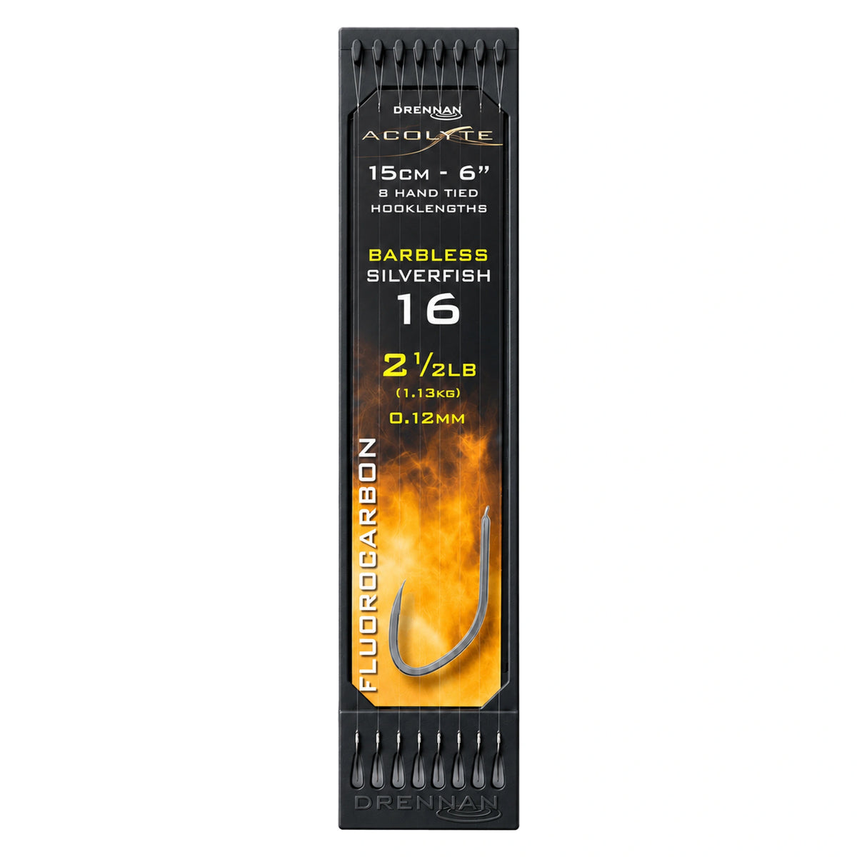 Drennan Acolyte Silverfish Hook Plate: maat 16, 0.12 mm, 2½ lb, acht onderlijnen van 15 cm