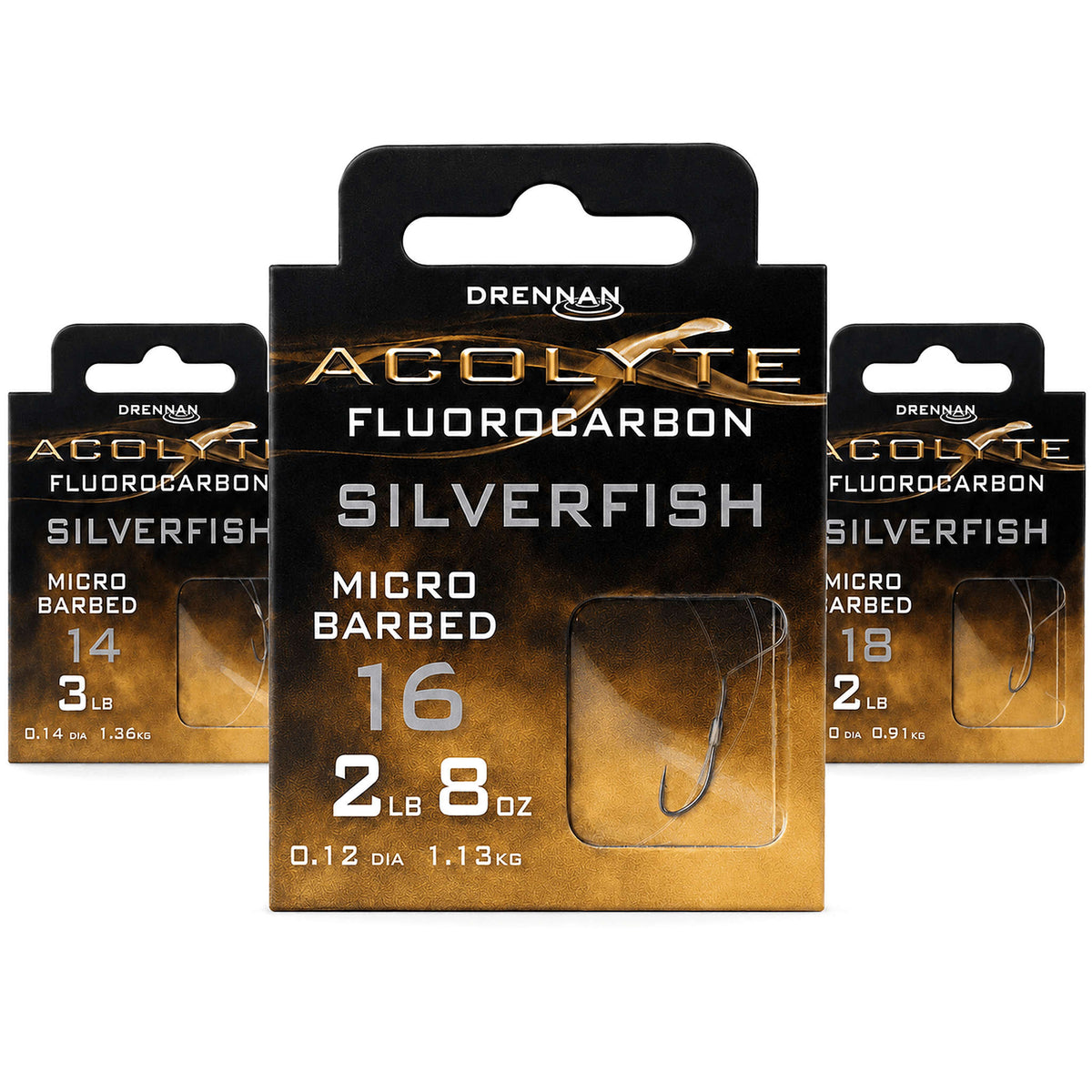 Drennan Acolyte Silverfish Micro Barbed – overzicht van verpakkingen in haakmaten 14, 16 en 18