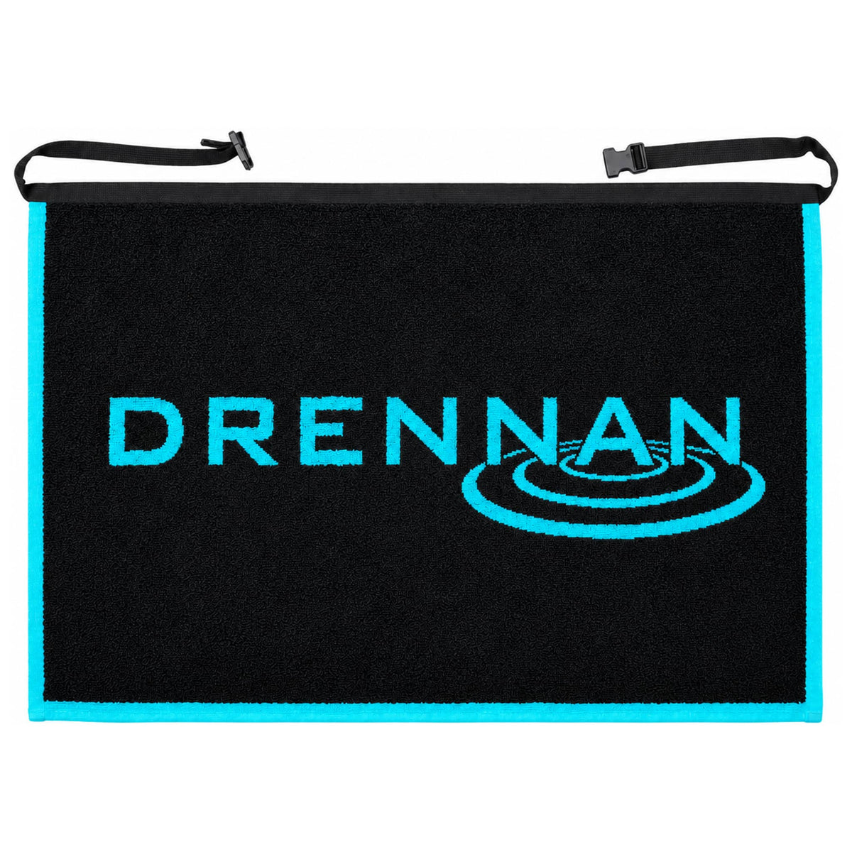 Zwarte Drennan schorthanddoek met turquoise rand en logo