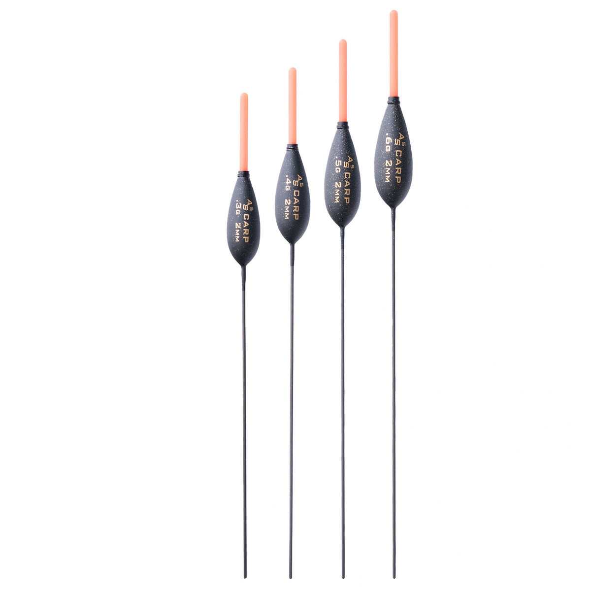 Drennan AS Carp 5 – overzicht van vier dobbers met rode bovenantennes en volledige carbon onderantennes