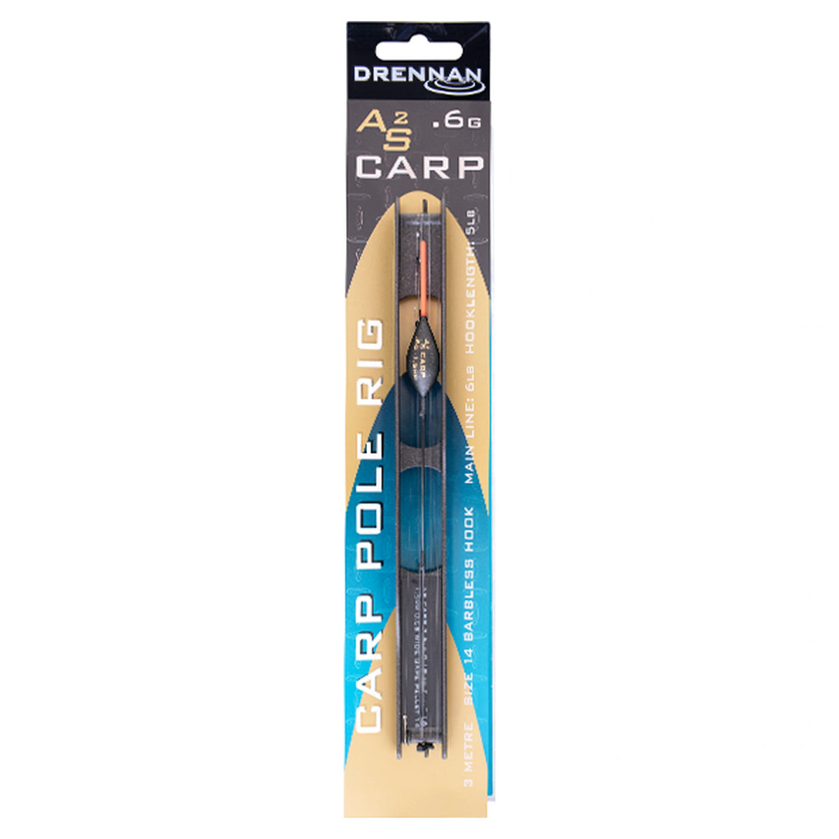 Drennan AS2 Carp Pole Rig 0.6g in originele zwart-gouden verpakking met turquoise lijnhouder en oranje antenne