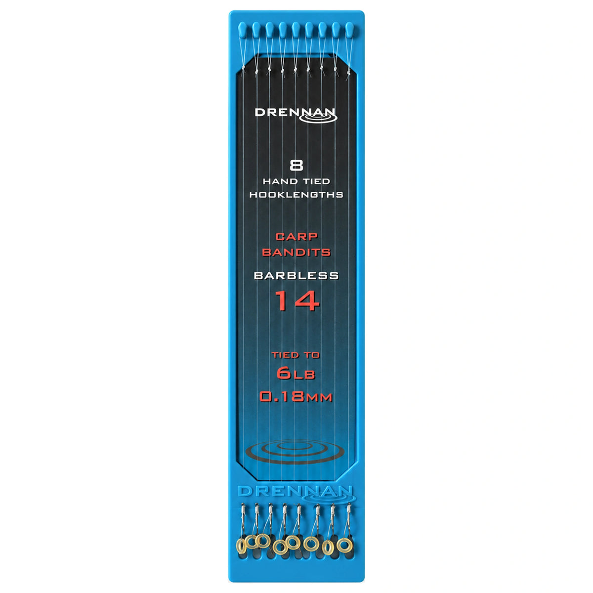 Drennan Carp Bandits Barbless – blauwe plaat met acht onderlijnen en bait bands, maat 14 en 0,18 mm