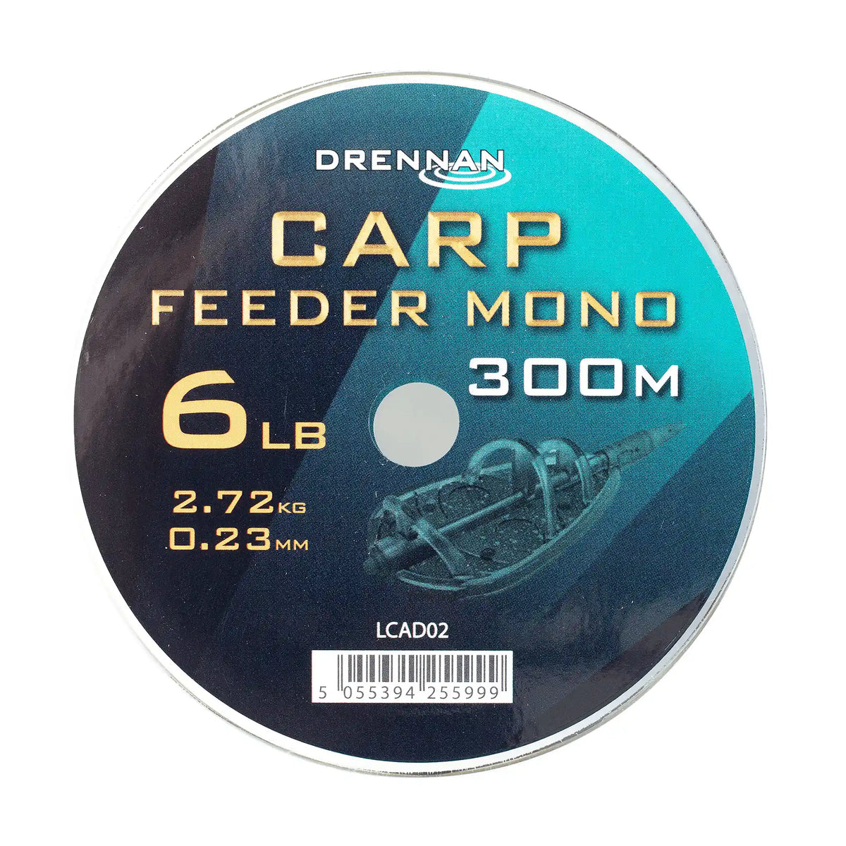 Drennan Carp Feeder Mono 300 m – spoel 0,23 mm, 6 lb en 2,72 kg, productcode LCAD02 op wit