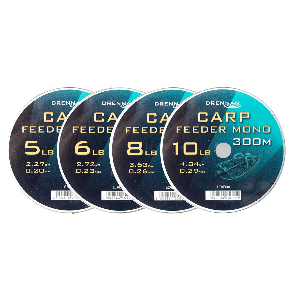 Drennan Carp Feeder Mono 300 m – overzicht van de vier diameters 0,20, 0,23, 0,26 en 0,29 mm
