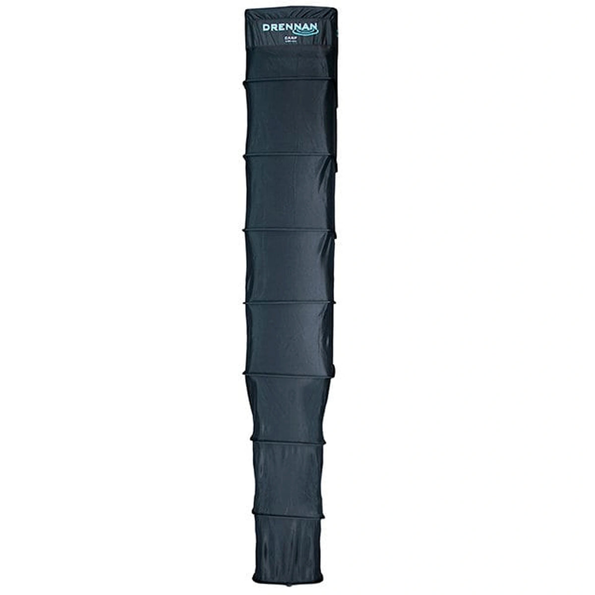 Drennan CARP KEEPNET 3m – volledig uitgestrekt zwart leefnet met rechthoekige ringen op witte achtergrond