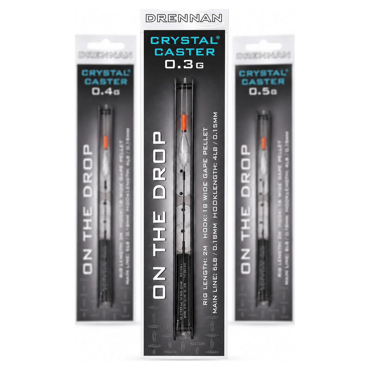 Drennan Crystal Caster – overzicht van drie verpakte tuigen in 0,3, 0,4 en 0,5 g