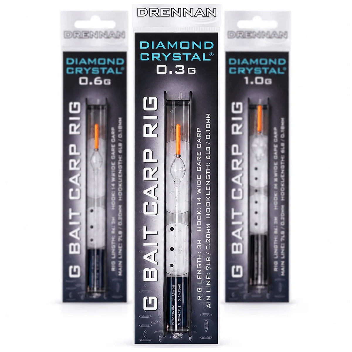 Drennan Diamond Crystal Big Bait Carp Rig – drie kant-en-klare karpertuigen met transparante dobber en rode antenne