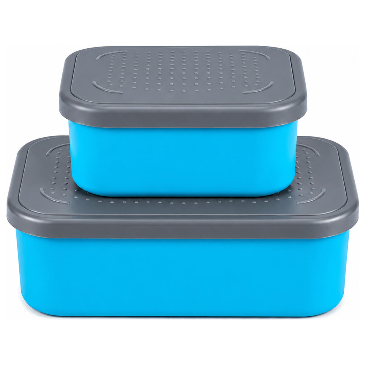 Drennan DMS Bait Boxes – twee blauwe aasdozen met grijze geperforeerde deksels