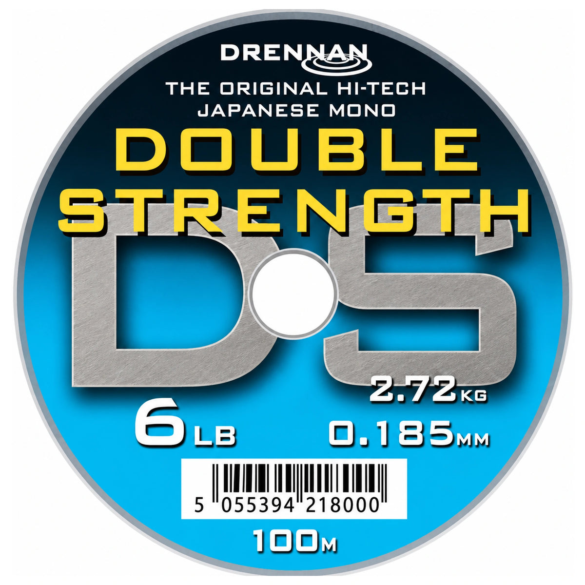 Rond Drennan Double Strength-label met zilveren DS, 6 lb, 2.72 kg, 0.185 mm en 100 m-opdruk