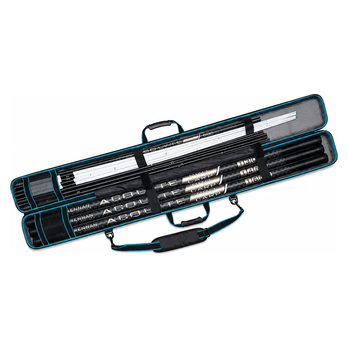 Drennan DR Armoured Pole Case – geopende hardcase met hengeldelen en schouderriem