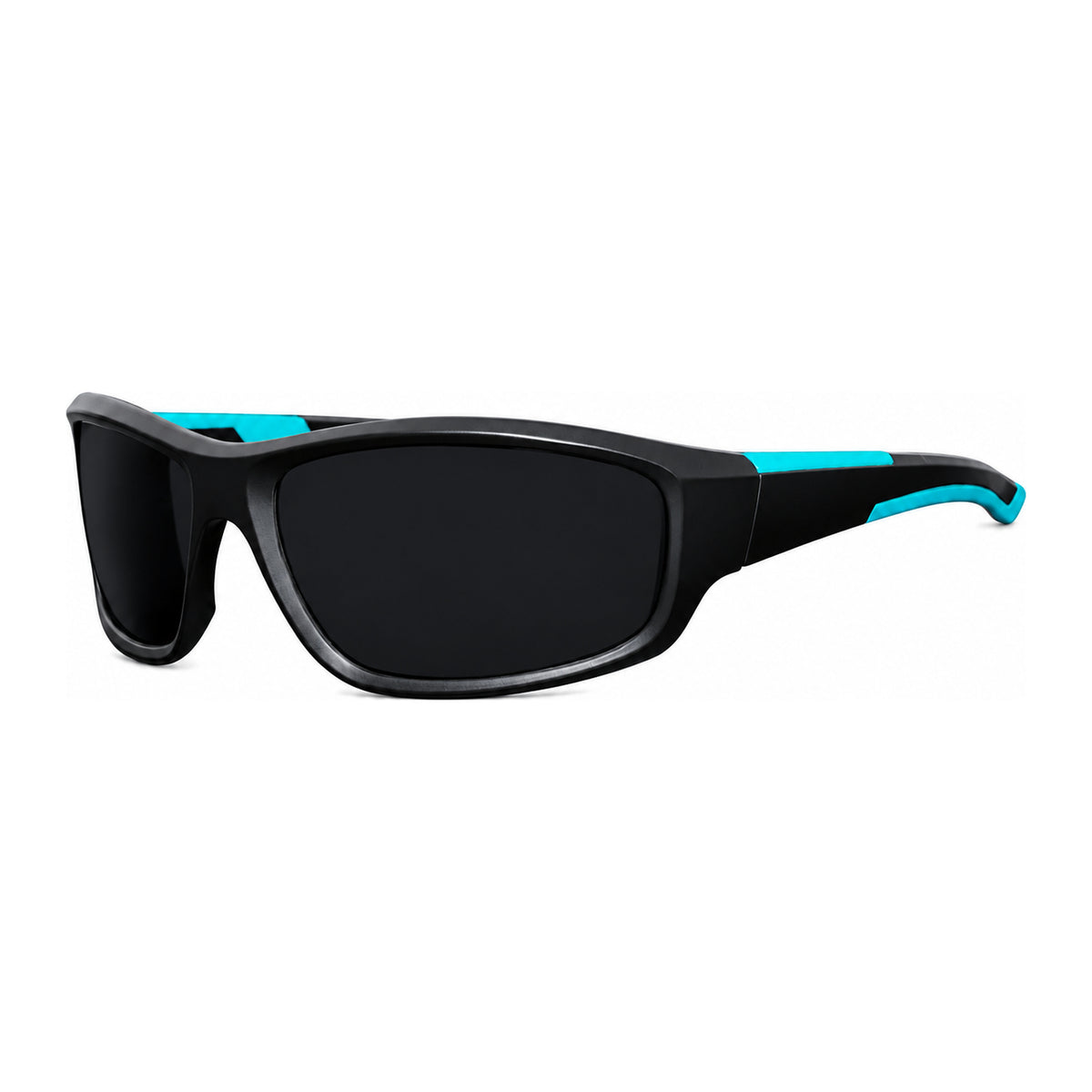Drennan DR Match Wrap Sunglasses – zwarte zonnebril met turquoise accenten, schuin vooraanzicht