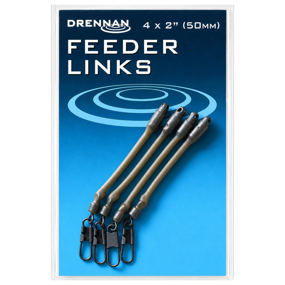 Drennan Feeder Links 50 mm – blauwe verpakking met vier olijfgrijze feederlinks en zwarte speldwartels