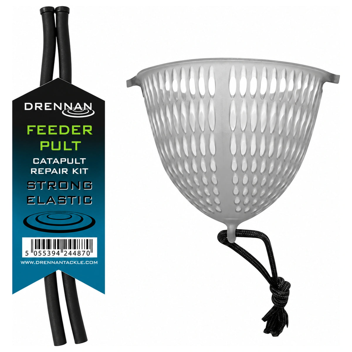 Drennan Feeder Pult reparatieset – zwart elastiek in verpakking en grijs geperforeerd mandje met trekkoord