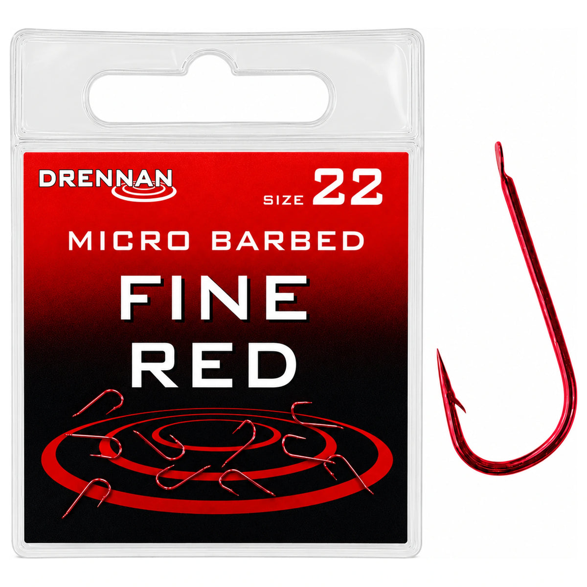 Drennan Fine Red Micro Barbed maat 22 – verpakking en vergrote rode haak met bled en weerhaak