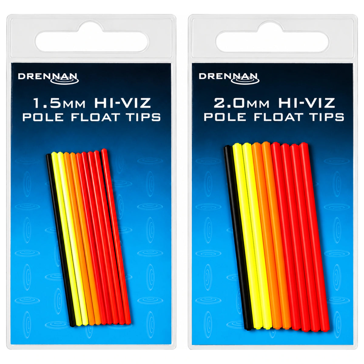 Drennan Hi-Viz Pole Float Tips – twee verpakkingen van 1,5 en 2,0 mm met zwarte, gele, oranje en rode antennes