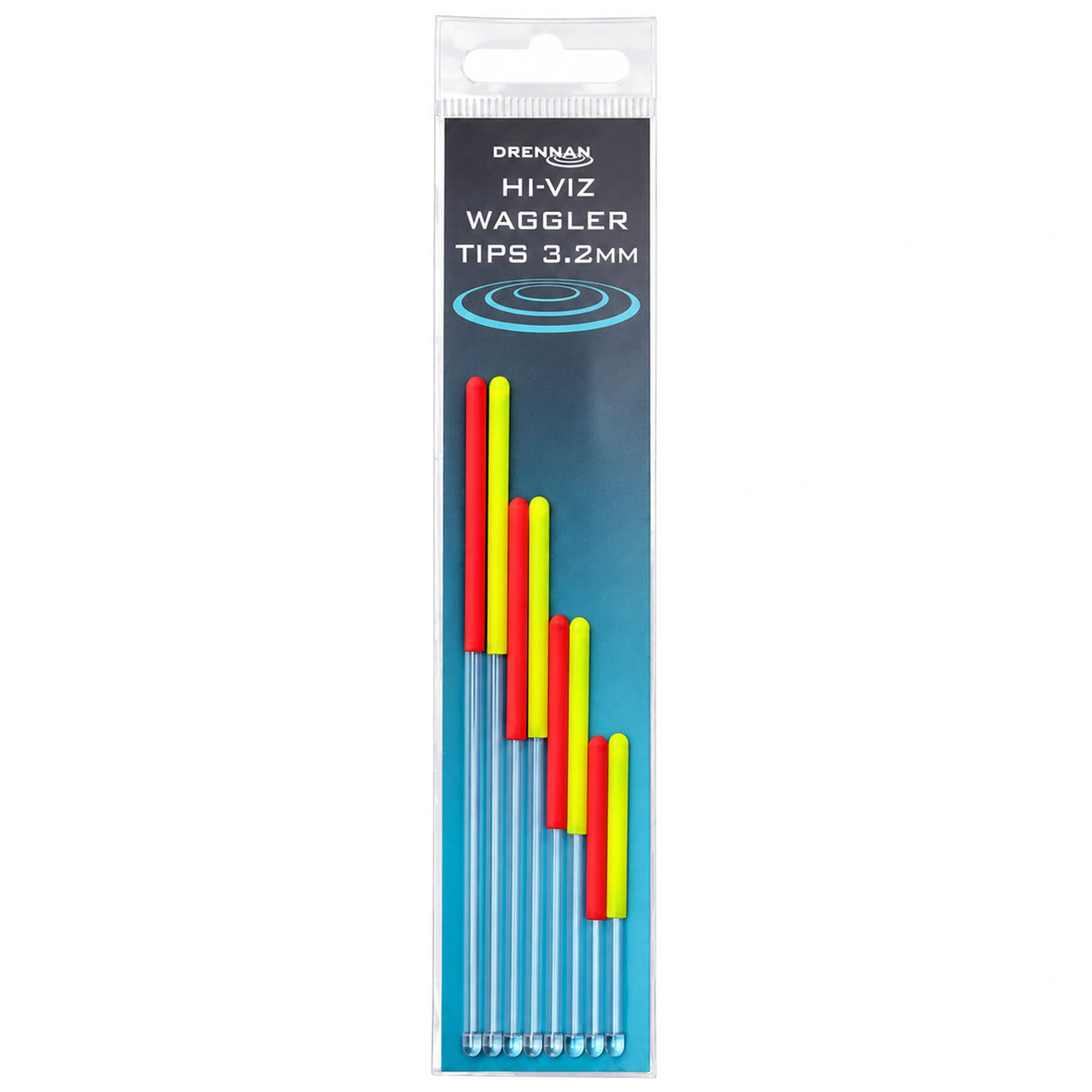 Acht rode en gele Drennan Hi-Viz dobberantennes in verpakking met opdruk 3.2 mm