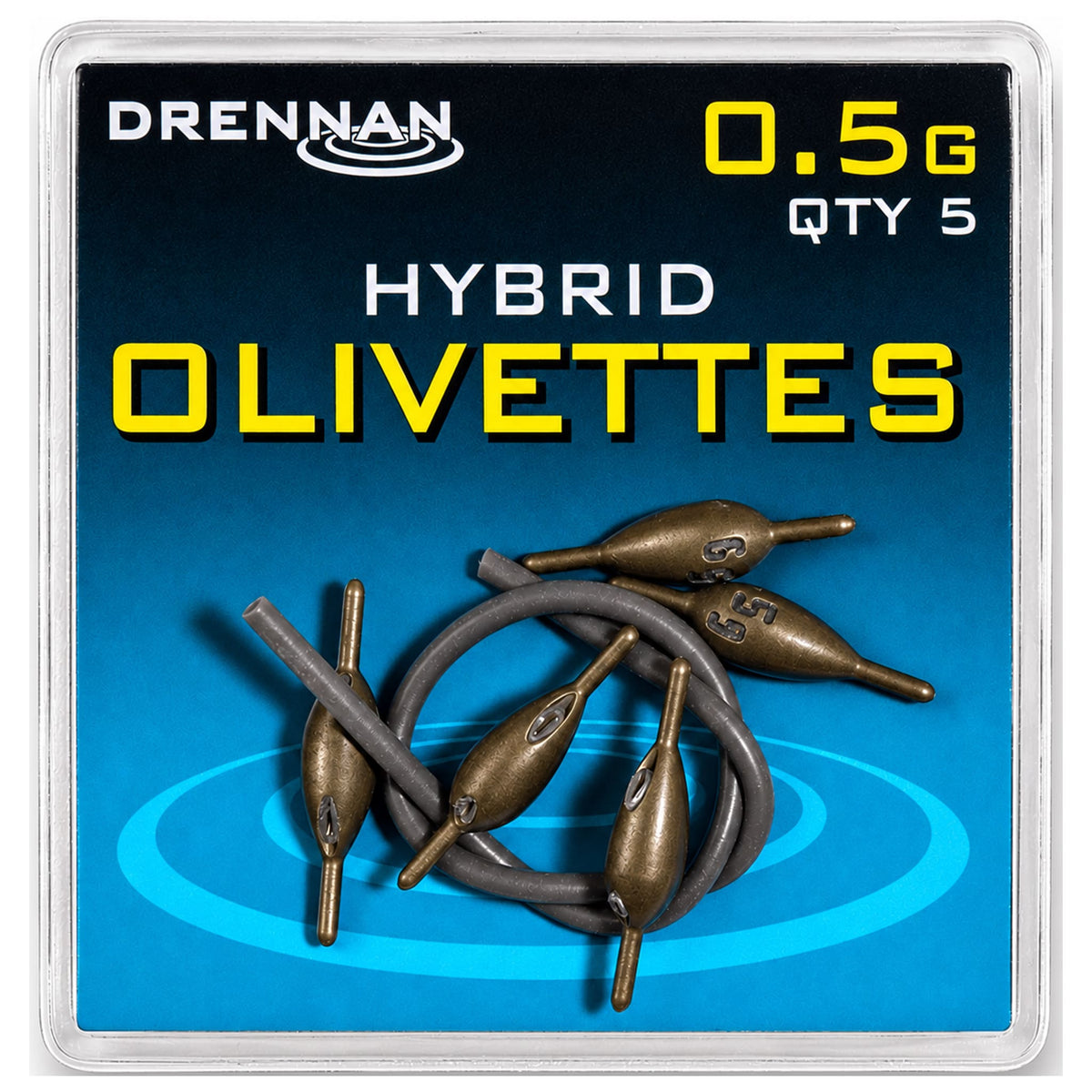 Drennan Hybrid Olivettes 0,5 g: doosje met vijf olijfloodjes en grijze siliconenslang