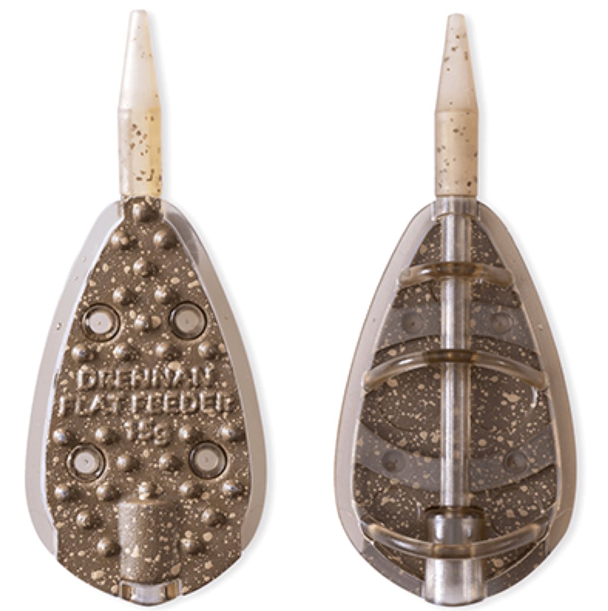 Drennan In-Line Flat Method Feeder: bovenkant met gebogen ribben naast de vlakke loodonderkant
