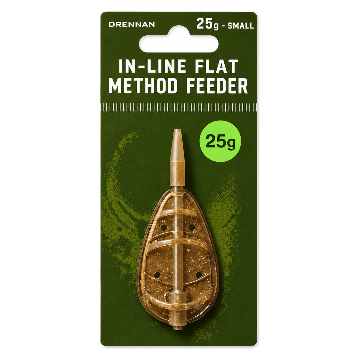 Drennan In-Line Flat Method Feeder Small 25g: compacte methodfeeder op de originele groene verpakkingskaart
