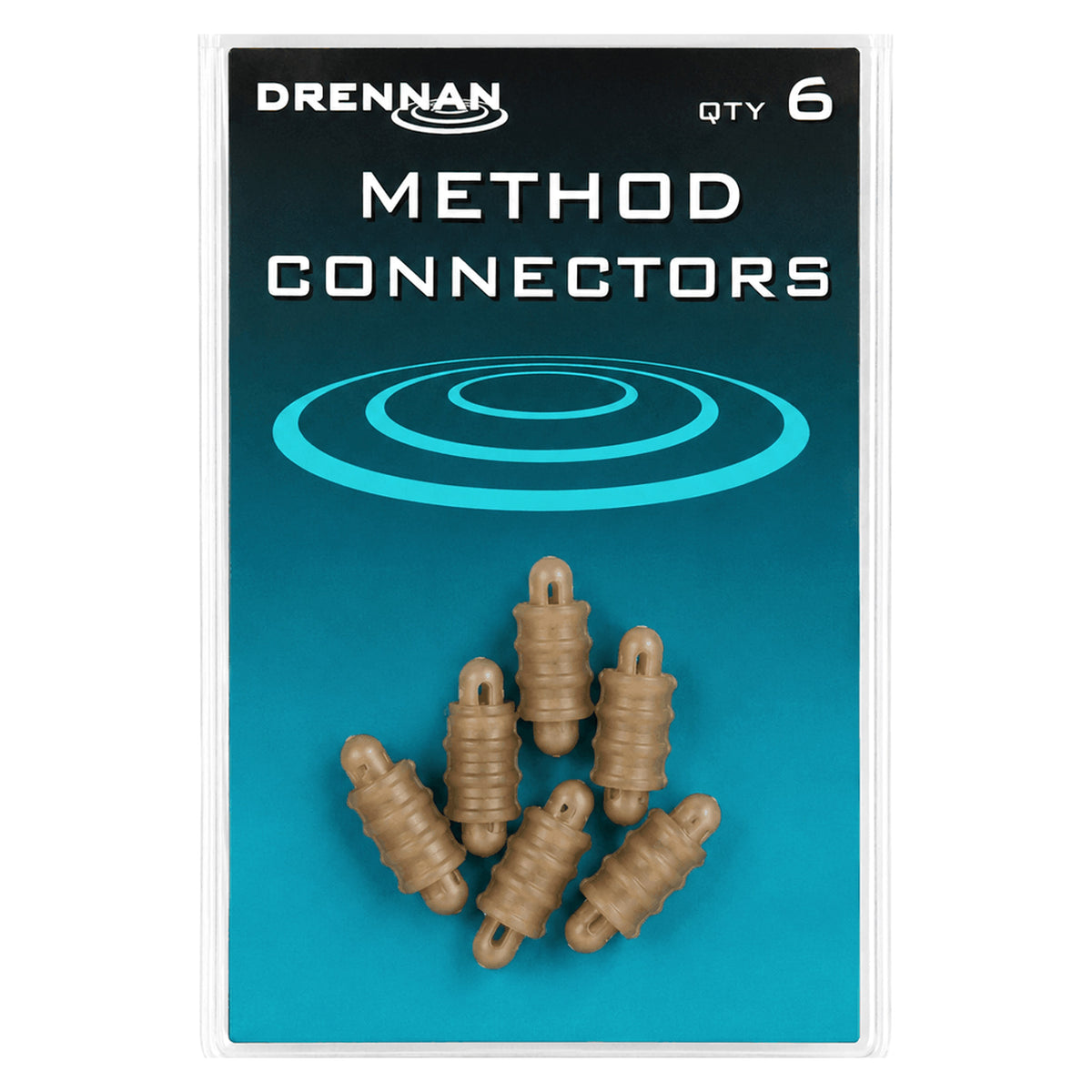 Drennan Method Connectors: originele blauwgroene verpakking met zes bruine snelwisselconnectoren