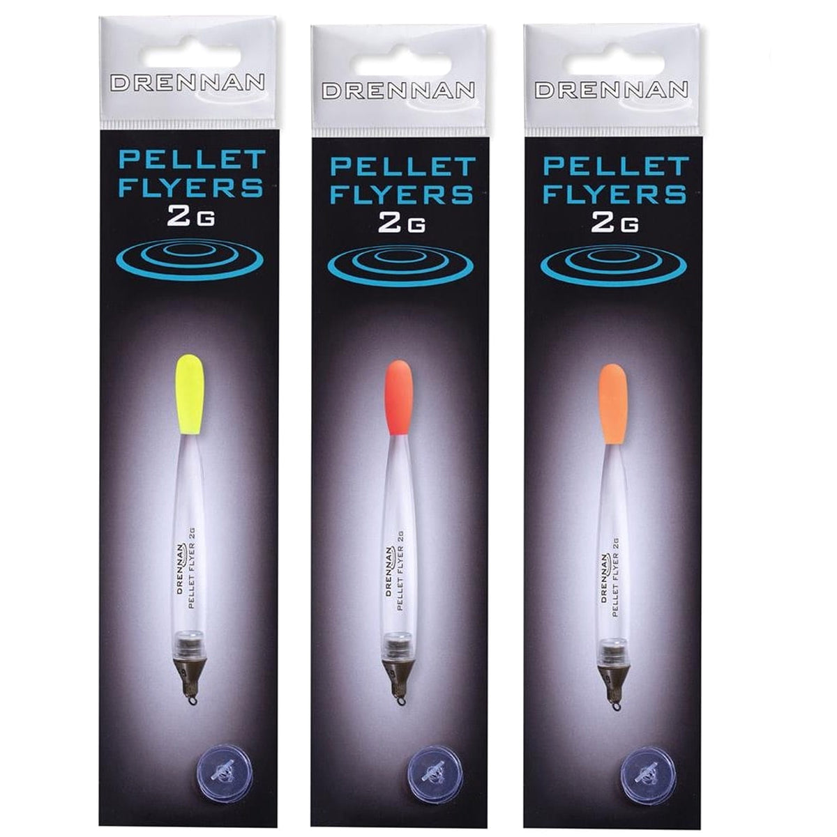Drie complete Drennan Pellet Flyers 2G-verpakkingen naast elkaar met gele, rode en oranje antenne
