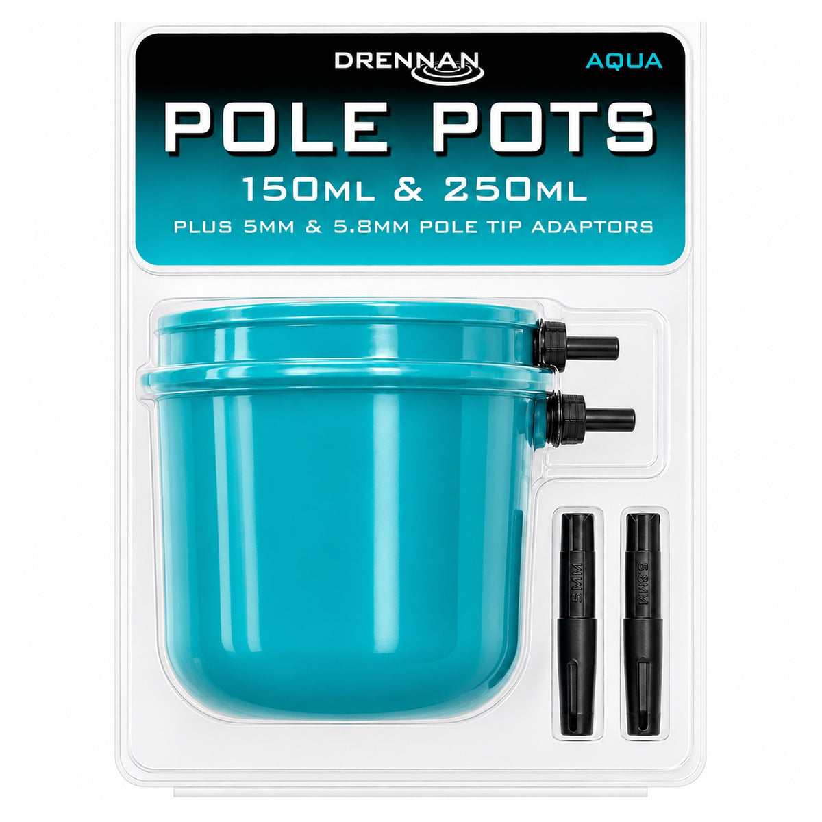 Drennan Pole Pots – verpakking met twee aquakleurige voerpotten van 150 en 250 ml en twee zwarte tipadapters