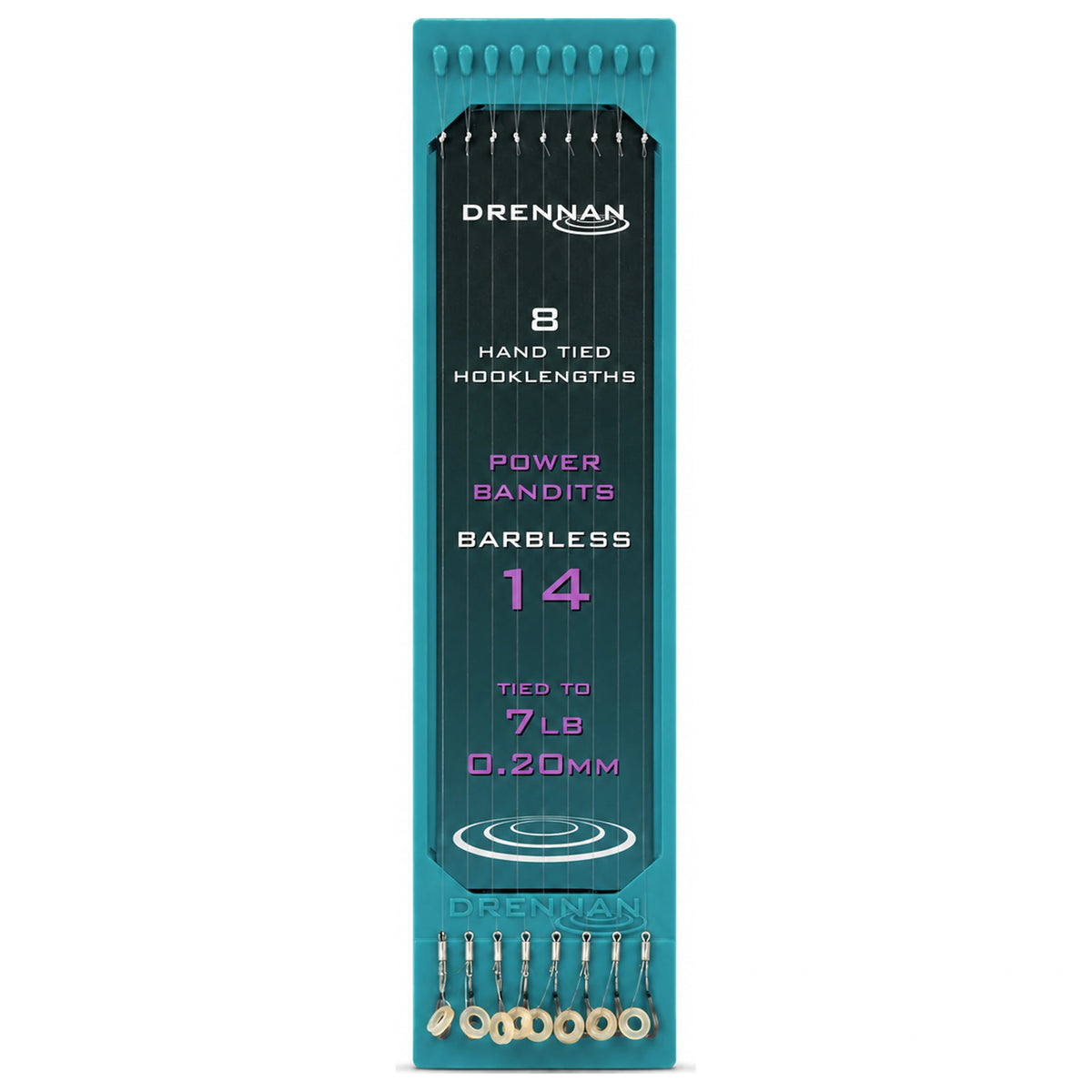 Drennan Power Bandits Barbless – turquoise plaat met acht onderlijnen en bait bands, maat 14 en 0,20 mm