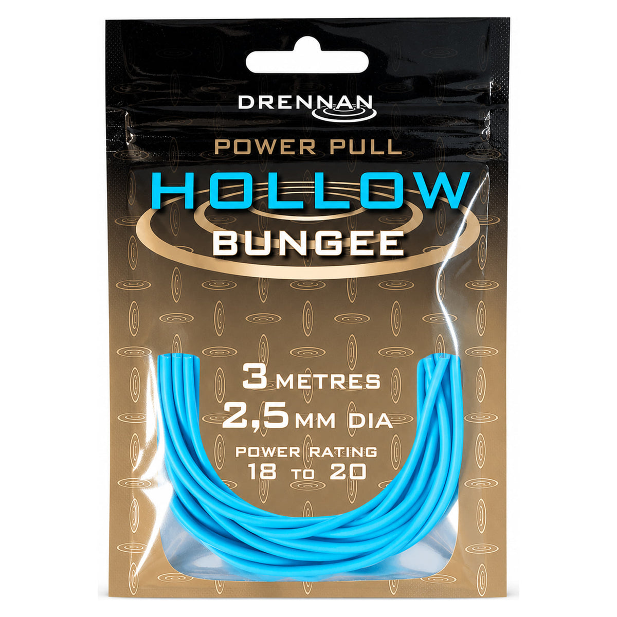 Drennan Power Pull Hollow Bungee: blauwe 2,5 mm elastiek, 3 meter, power rating 18–20, in verpakking
