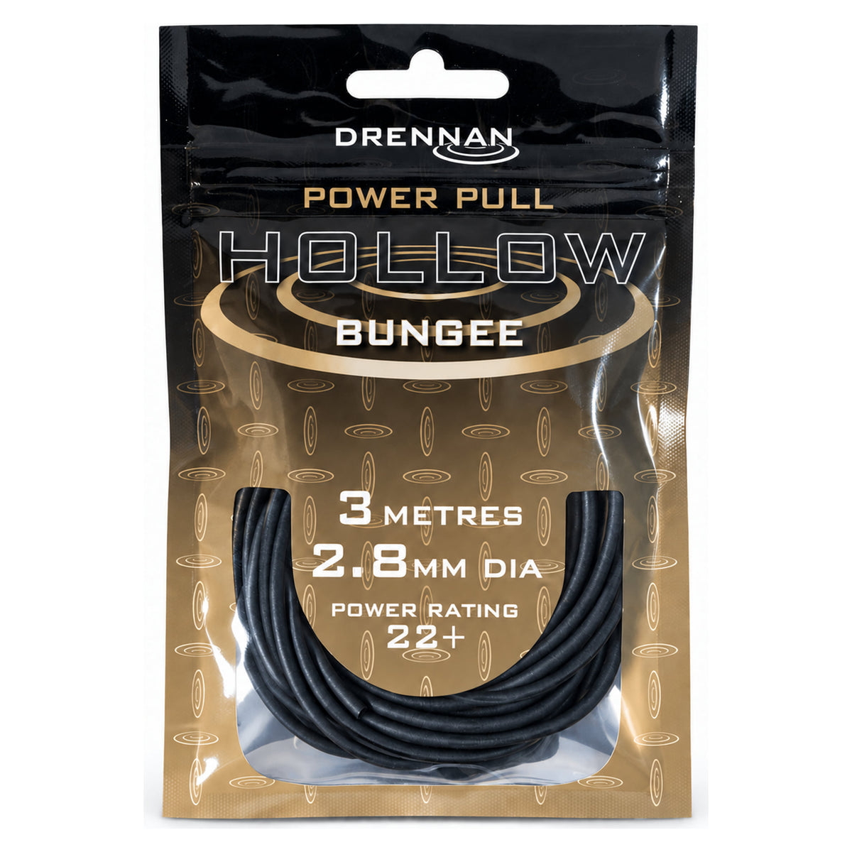 Drennan Power Pull Hollow Bungee: zwarte 2,8 mm elastiek, 3 meter, power rating 22+, in verpakking