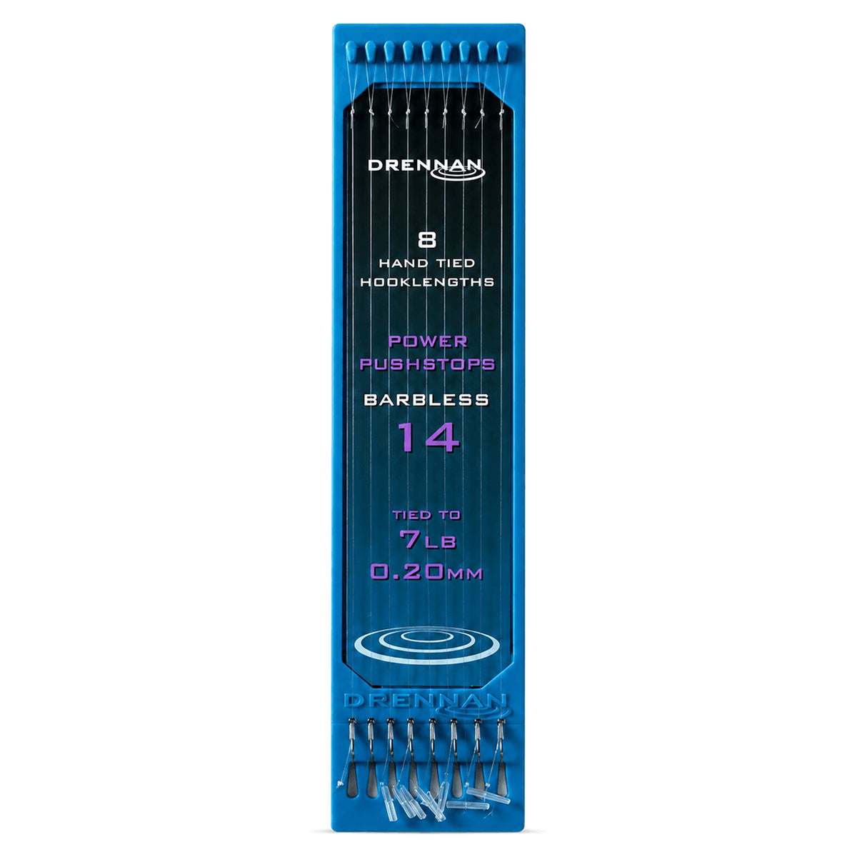 Drennan Power Pushstops maat 14: blauwe Hook Plate met acht onderlijnen, opdruk 0.20 mm en 7 lb