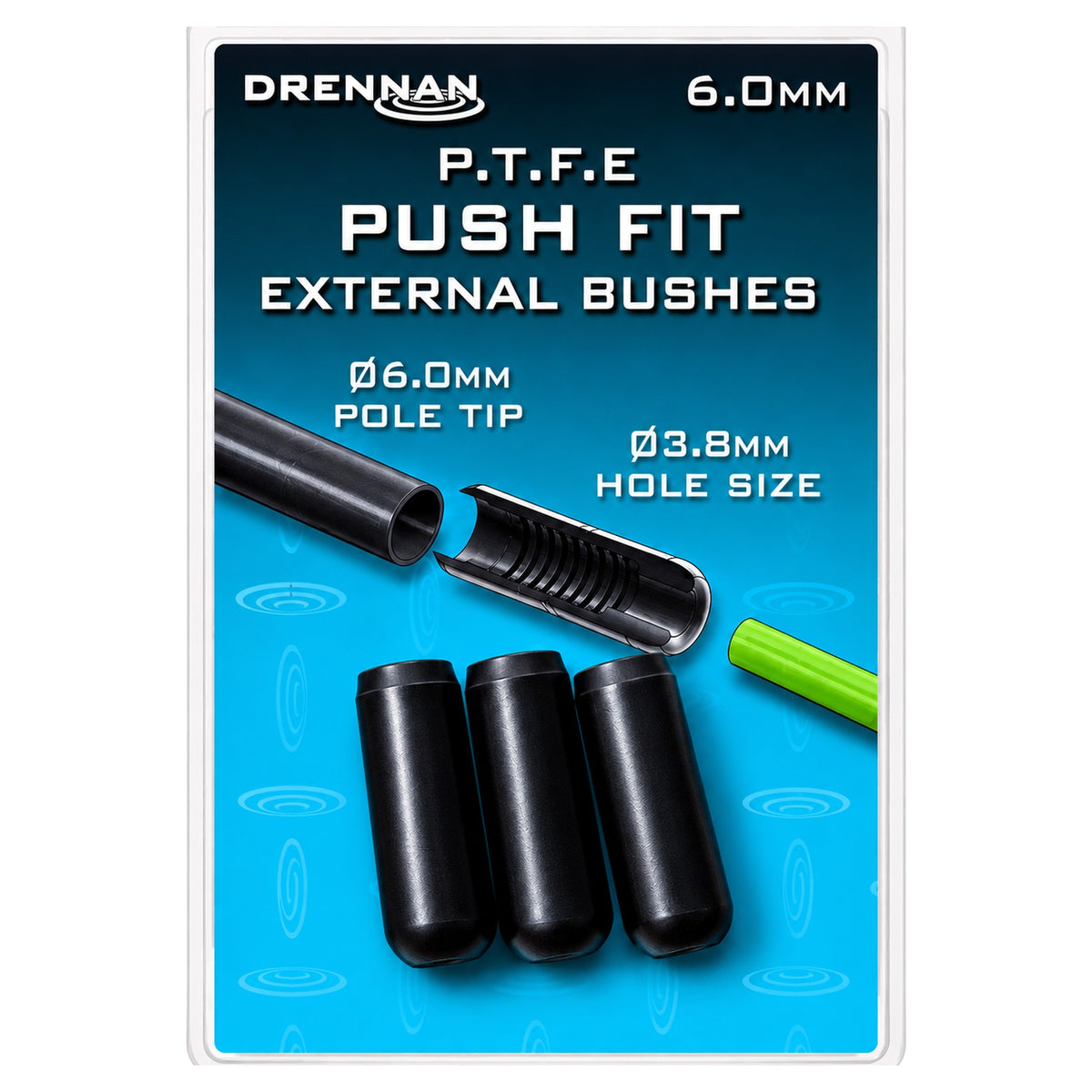 Drennan Push Fit External Bushes 6.0mm – verpakking met bussen en doorsnede met 3.8mm boring en groen elastiek
