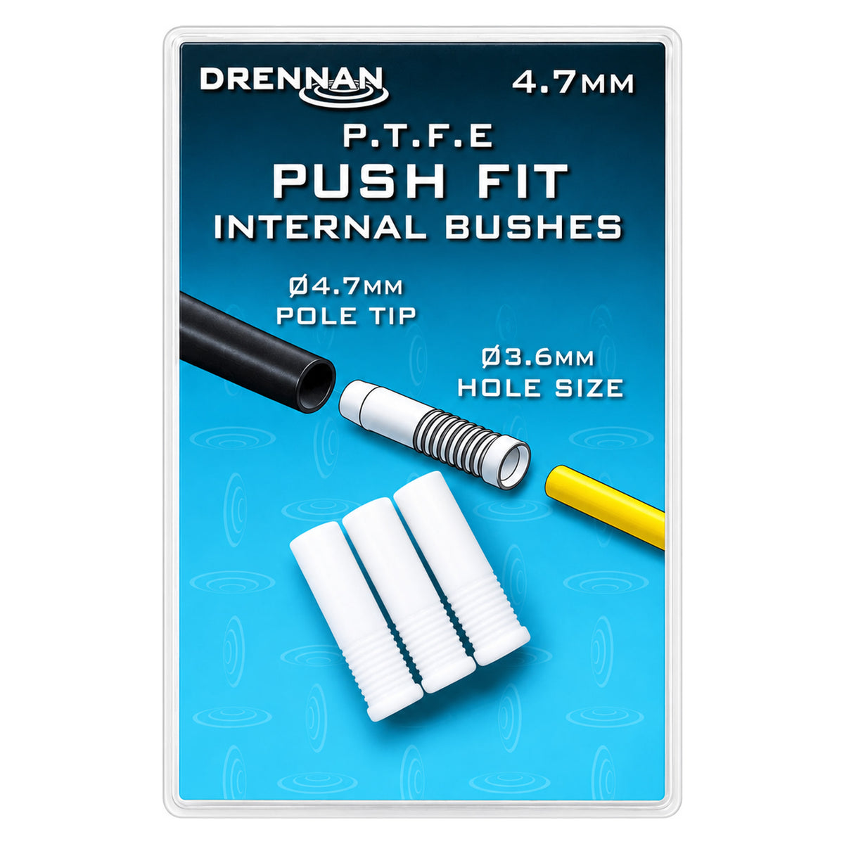 Drennan Push Fit Internal Bushes 4.7 mm: verpakking met aanduiding voor 3.6 mm doorlaat