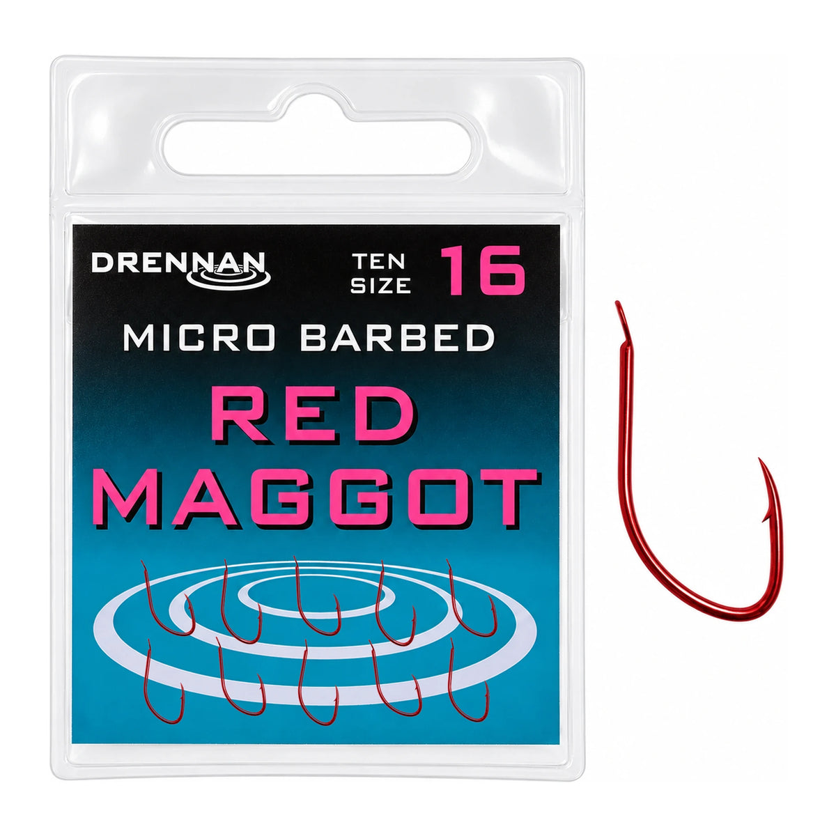 Drennan Red Maggot Micro Barbed maat 16 – rode haak met micro-weerhaak en verpakking met tien haken