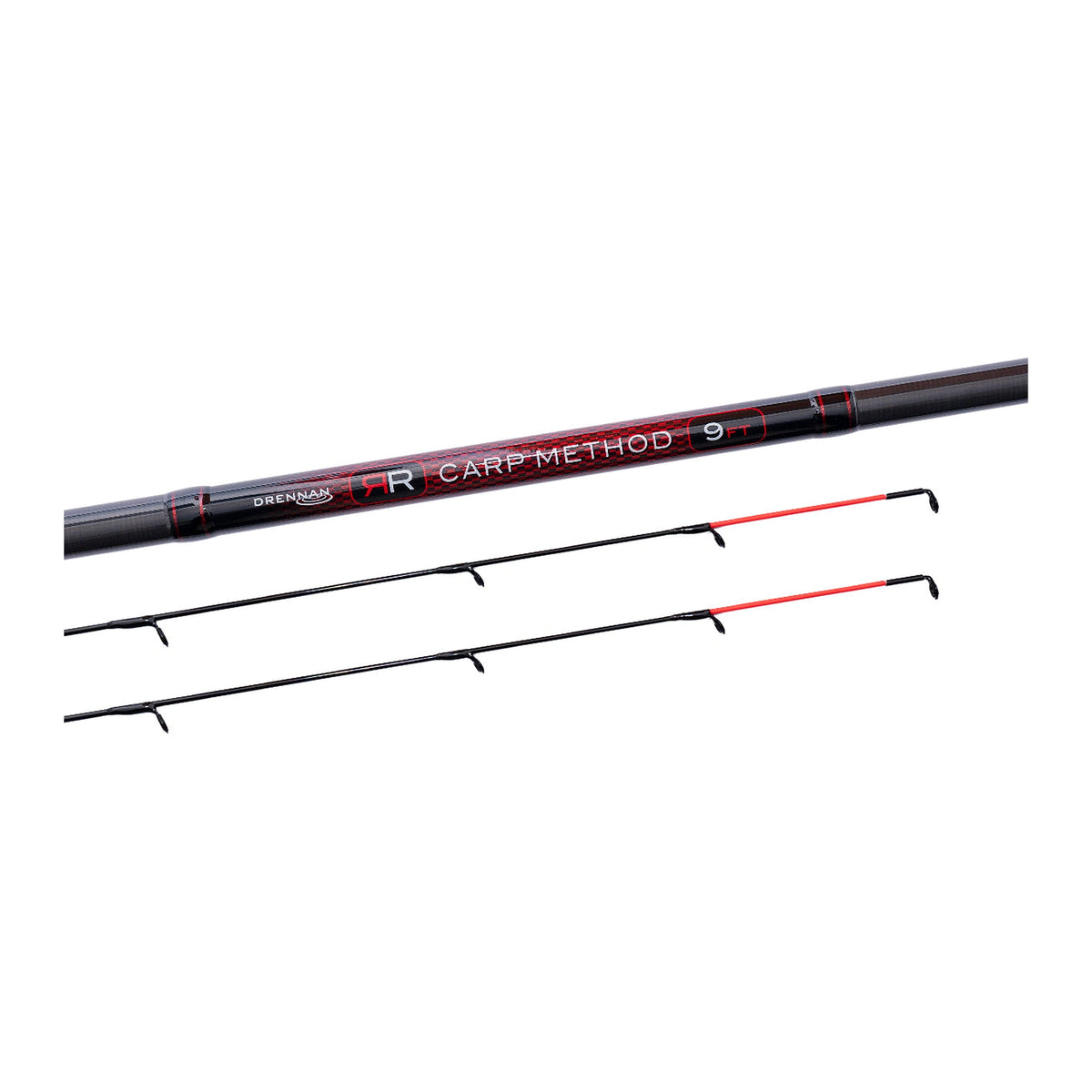 Drennan Red Range Carp Method 9 FT – modelopdruk en twee rode feedertoppen