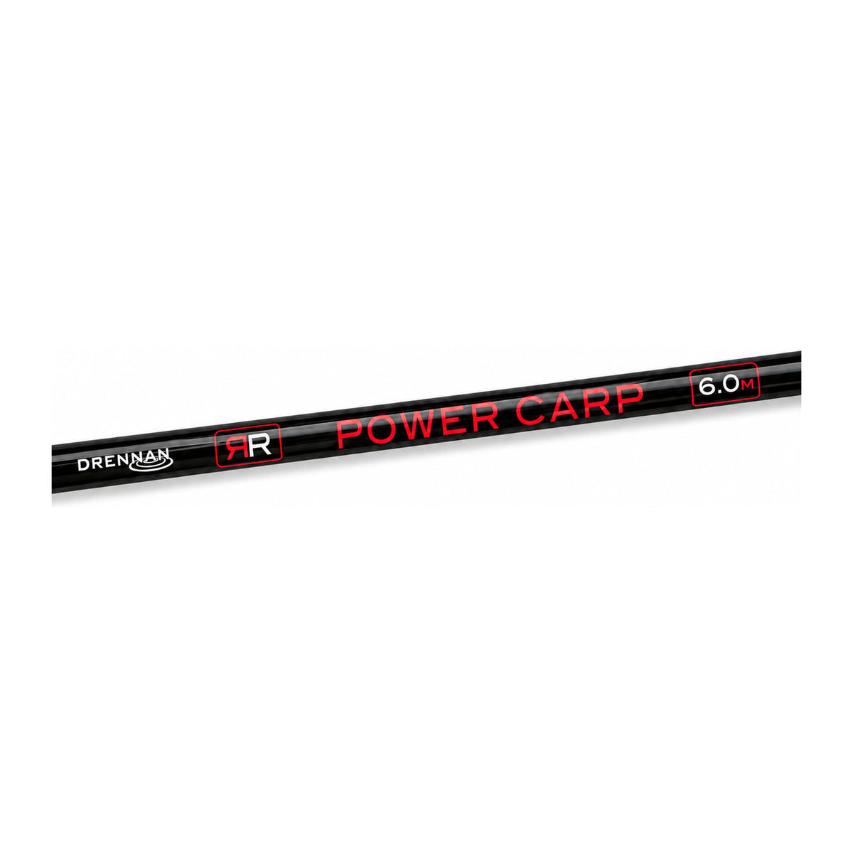 Drennan Red Range Power Carp 6,0 m met Drennan-logo en rode modelopdruk op de zwarte blank