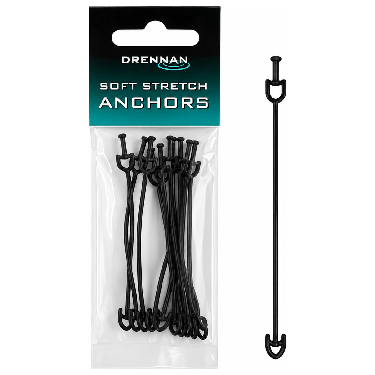 Drennan Soft Stretch Anchors – verpakking met zwarte tuigenhouders en één vergroot exemplaar